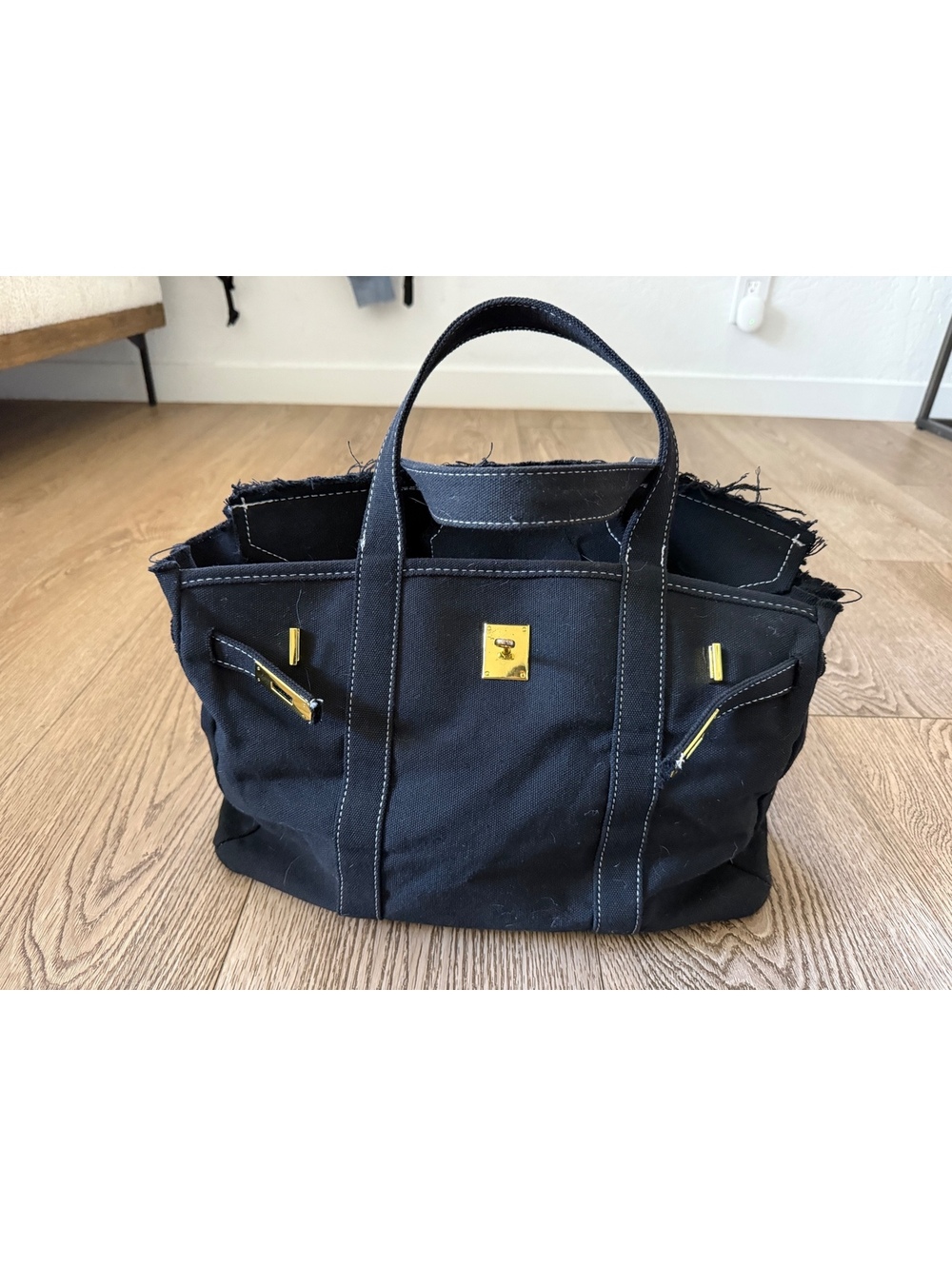 Boatkin Canvas Tote Bag Solid Black Large Structured Gold Hardware NWOT